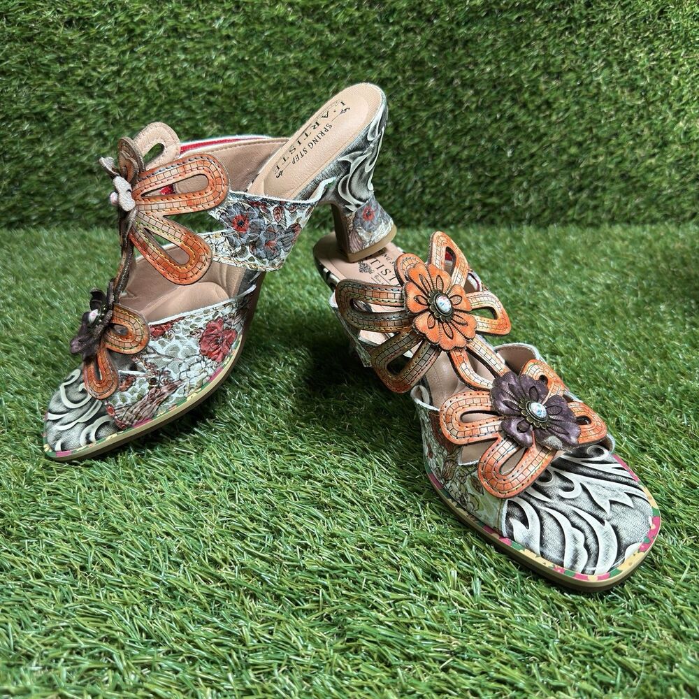 LArtiste Spring Step Floral Leather Heeled Sandals Size 9.5 US/40 EU